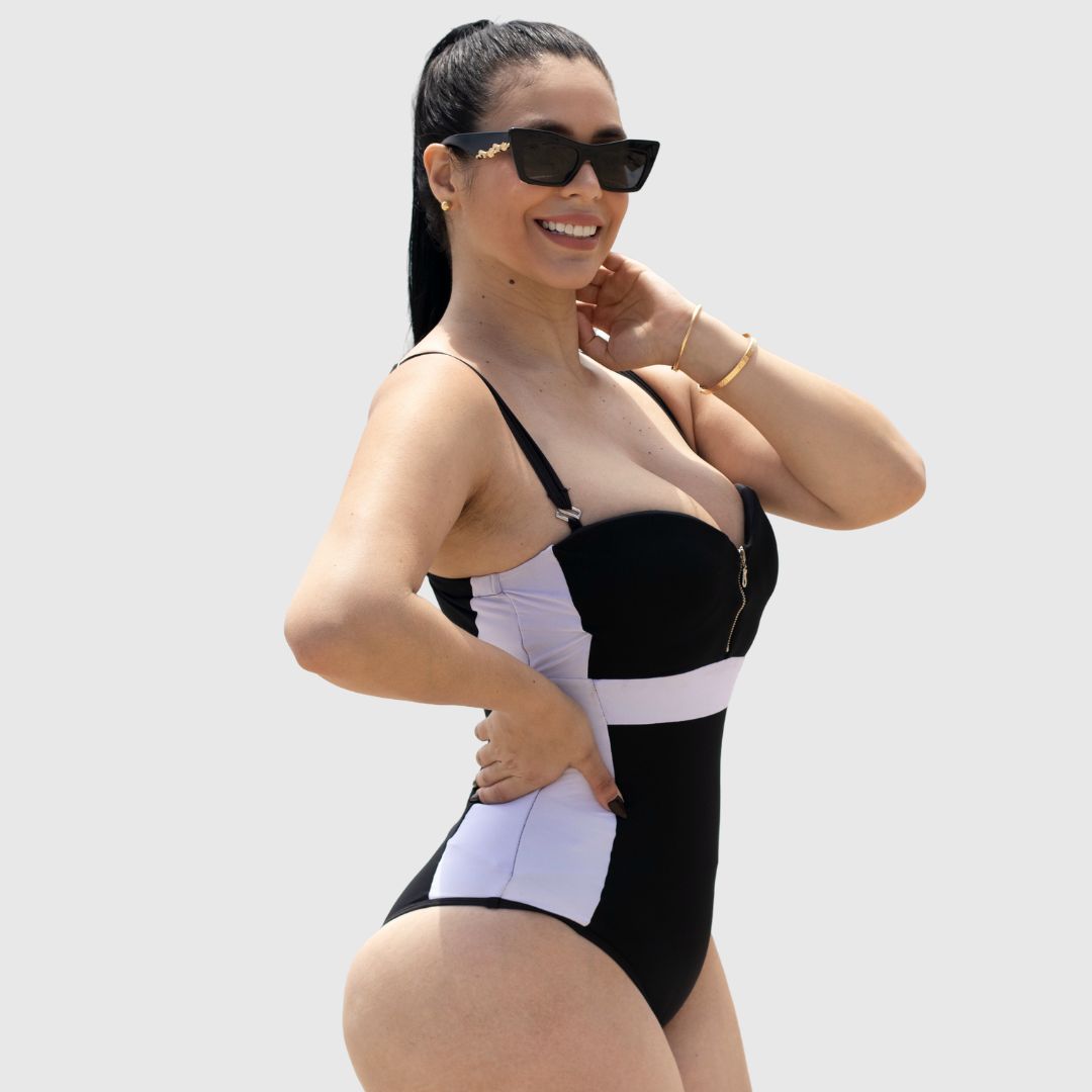 TRAJE DE BAÑO CON FAJA RBTC2510 BLANCO NEGRO