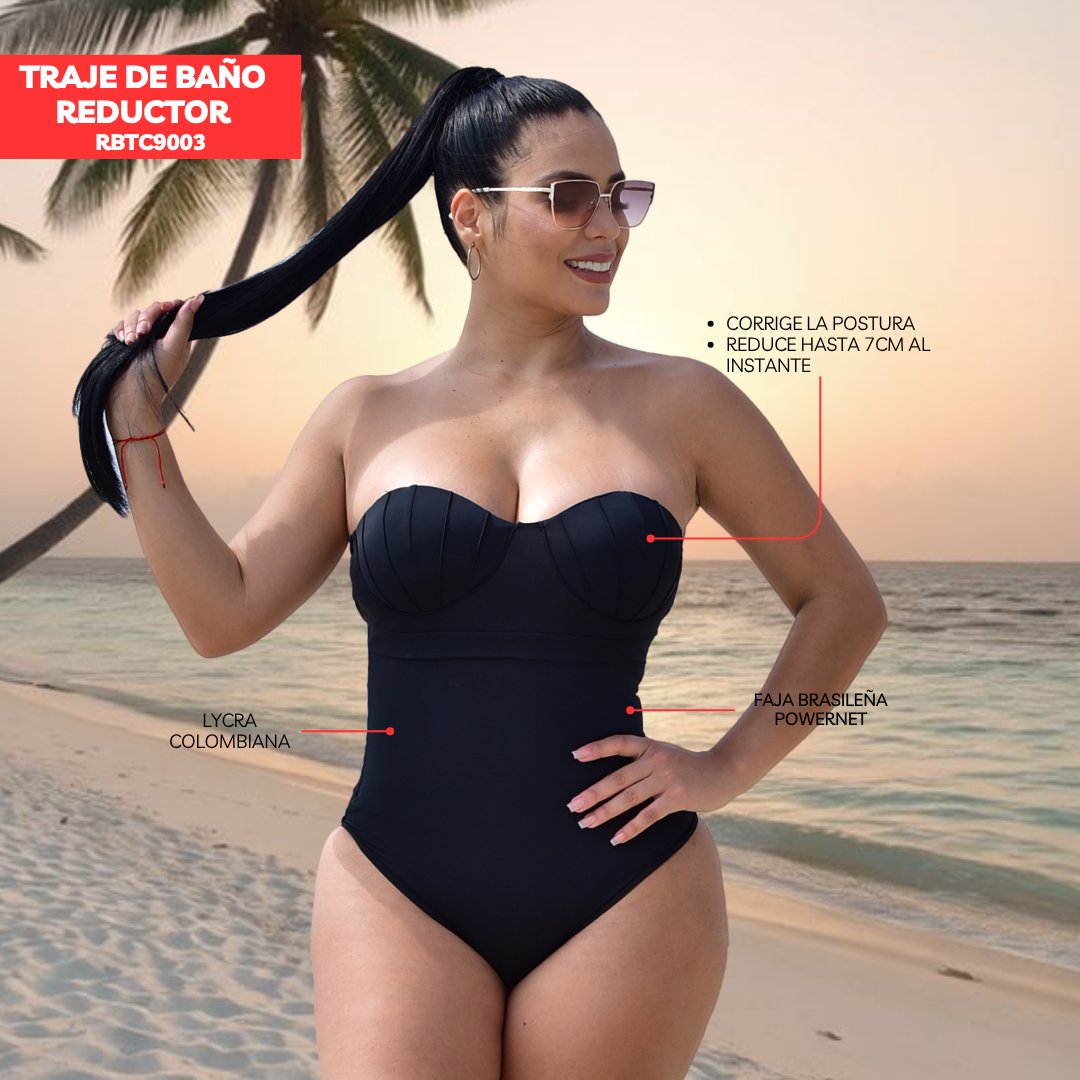 TRAJE DE BAÑO CON FAJA RBTC9003 NEGRO (ENTREGA INMEDIATA)