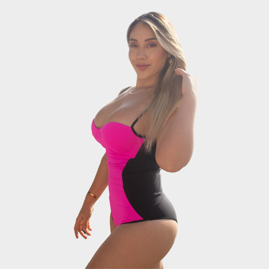 TRAJE DE BAÑO CON FAJA RBTC2002 FUCSIA NEGRO