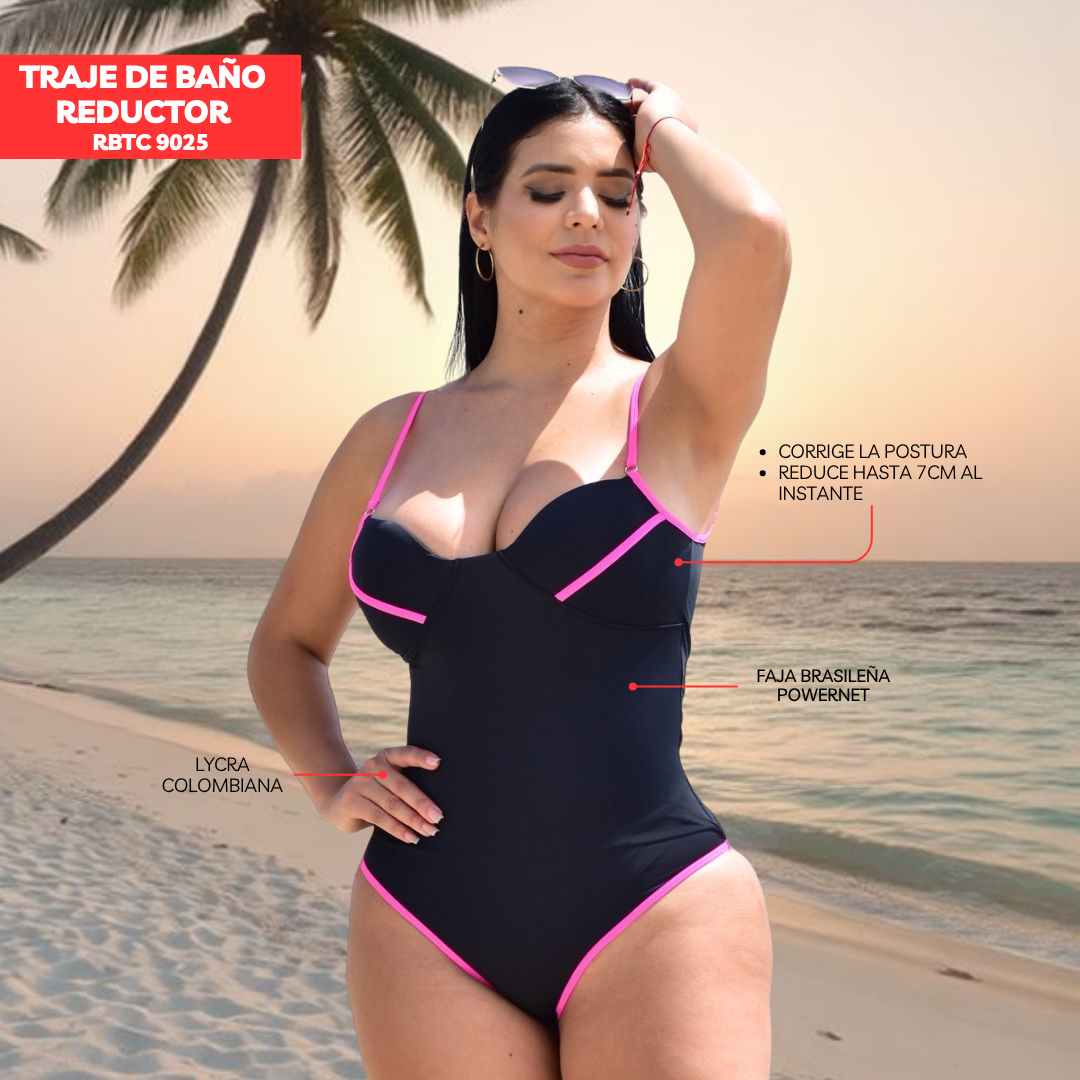 TRAJE DE BAÑO CON FAJA RBTC9025 NEGRO (TIRA FUCSIA) (ENTREGA INMEDIATA)