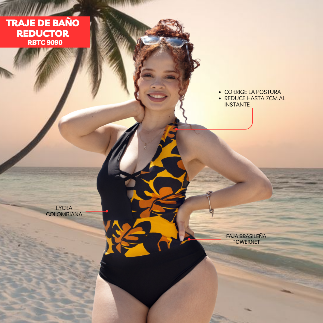 TRAJE DE BAÑO CON FAJA - COLECCION MODA RBTC9090 NEGROMUSTARD (ENTREGA INMEDIATA)