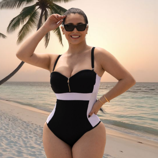 TRAJE DE BAÑO CON FAJA- EXCLUSIVE RBTC2510 BLANCO NEGRO (ENTREGA INMEDIATA)