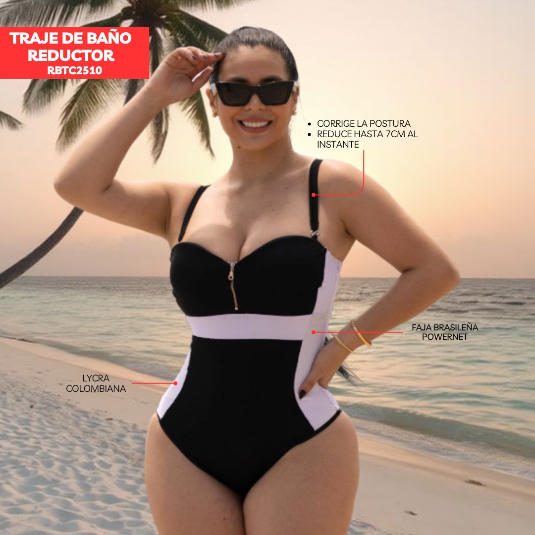 TRAJE DE BAÑO CON FAJA- EXCLUSIVE RBTC2510 BLANCO NEGRO (ENTREGA INMEDIATA)