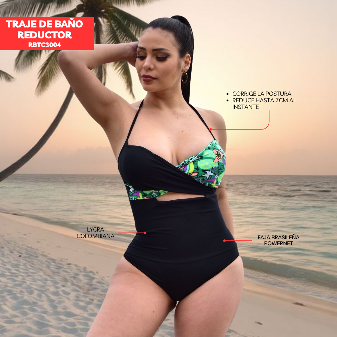TRAJE DE BAÑO CON FAJA RBTC3004 NEGRO GREENPRINT (STOCK FABRICA)