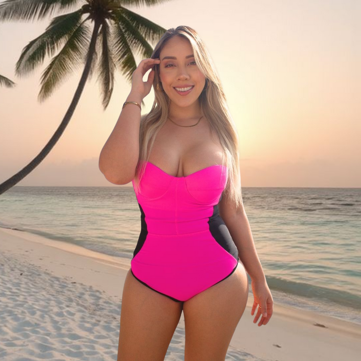 TRAJE DE BAÑO CON FAJA - COLECCION MODA RBTC2002 FUCSIA NEGRO (ENTREGA INMEDIATA)