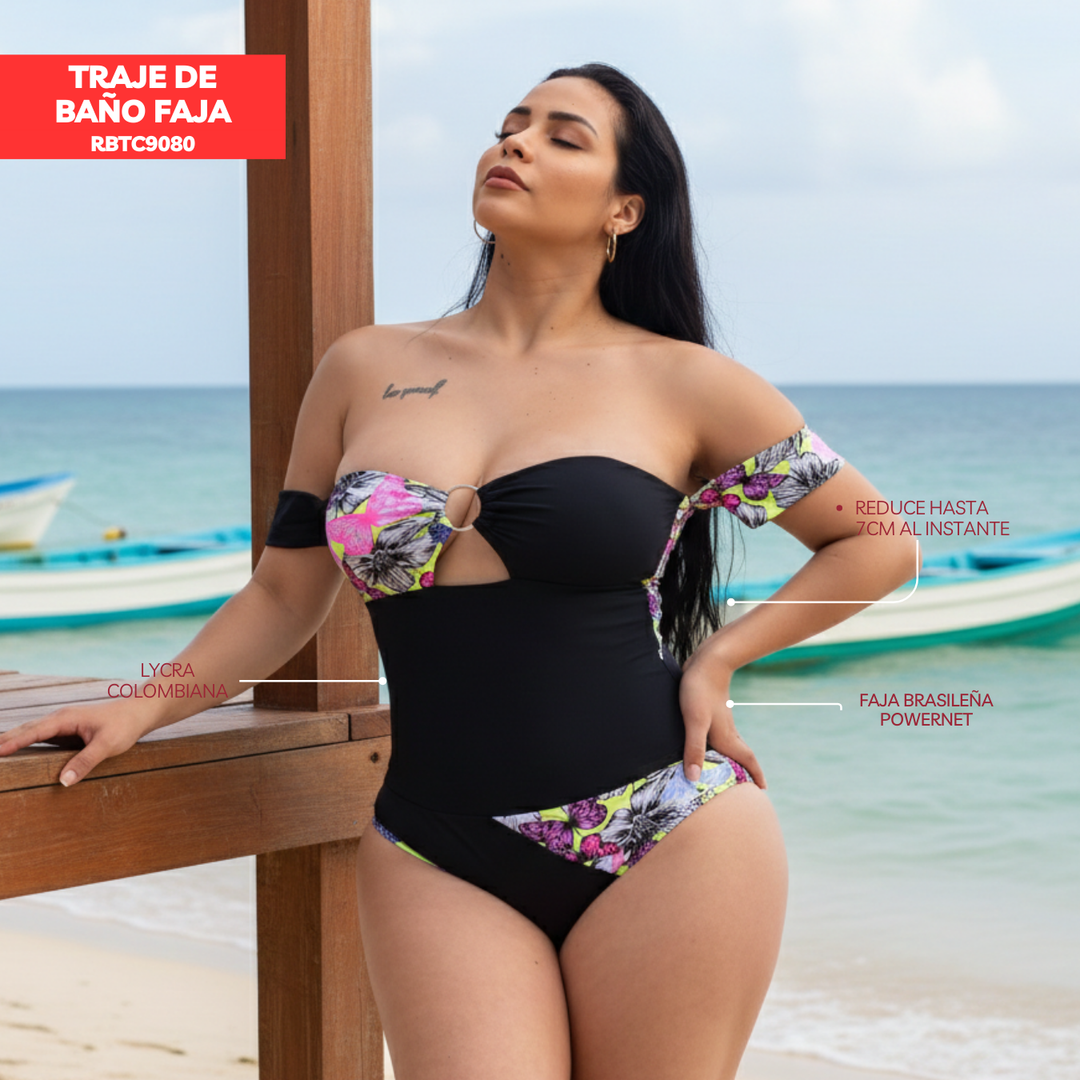 TRAJE DE BAÑO CON FAJA - COLECCION CASUAL RBTC9080 BUTTERFLY NEGRO (ENTREGA INMEDIATA)