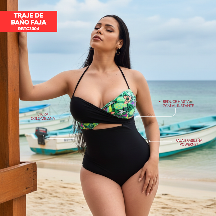 TRAJE DE BAÑO CON FAJA - COLECCION CASUAL RBTC3004 NEGRO GREENPRINT (STOCK FABRICA)