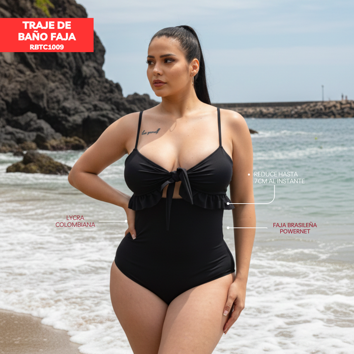 TRAJE DE BAÑO CON FAJA - COLECCION MODA RBTC1009 NEGRO (ENTREGA INMEDIATA)