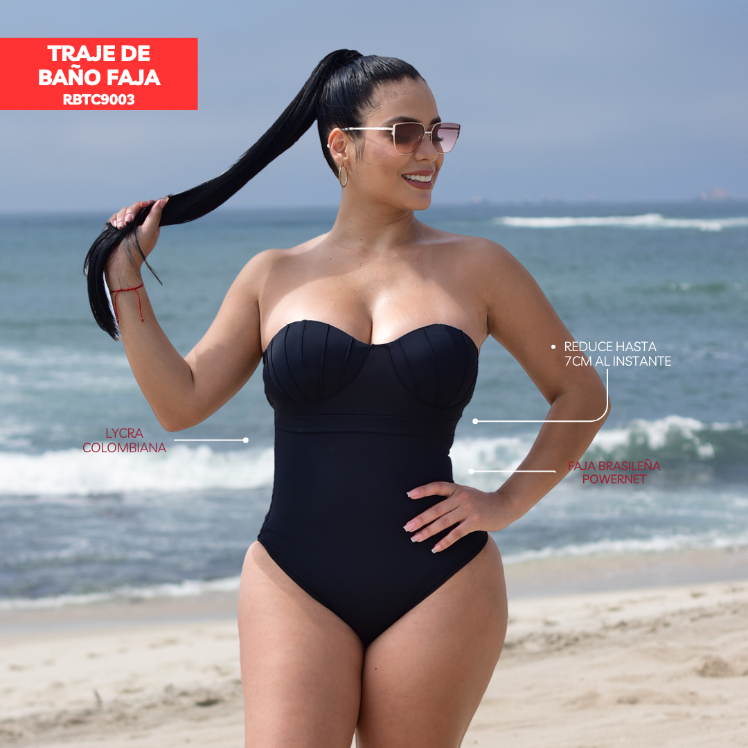 TRAJE DE BAÑO CON FAJA- EXCLUSIVE RBTC9003 NEGRO (ENTREGA INMEDIATA)