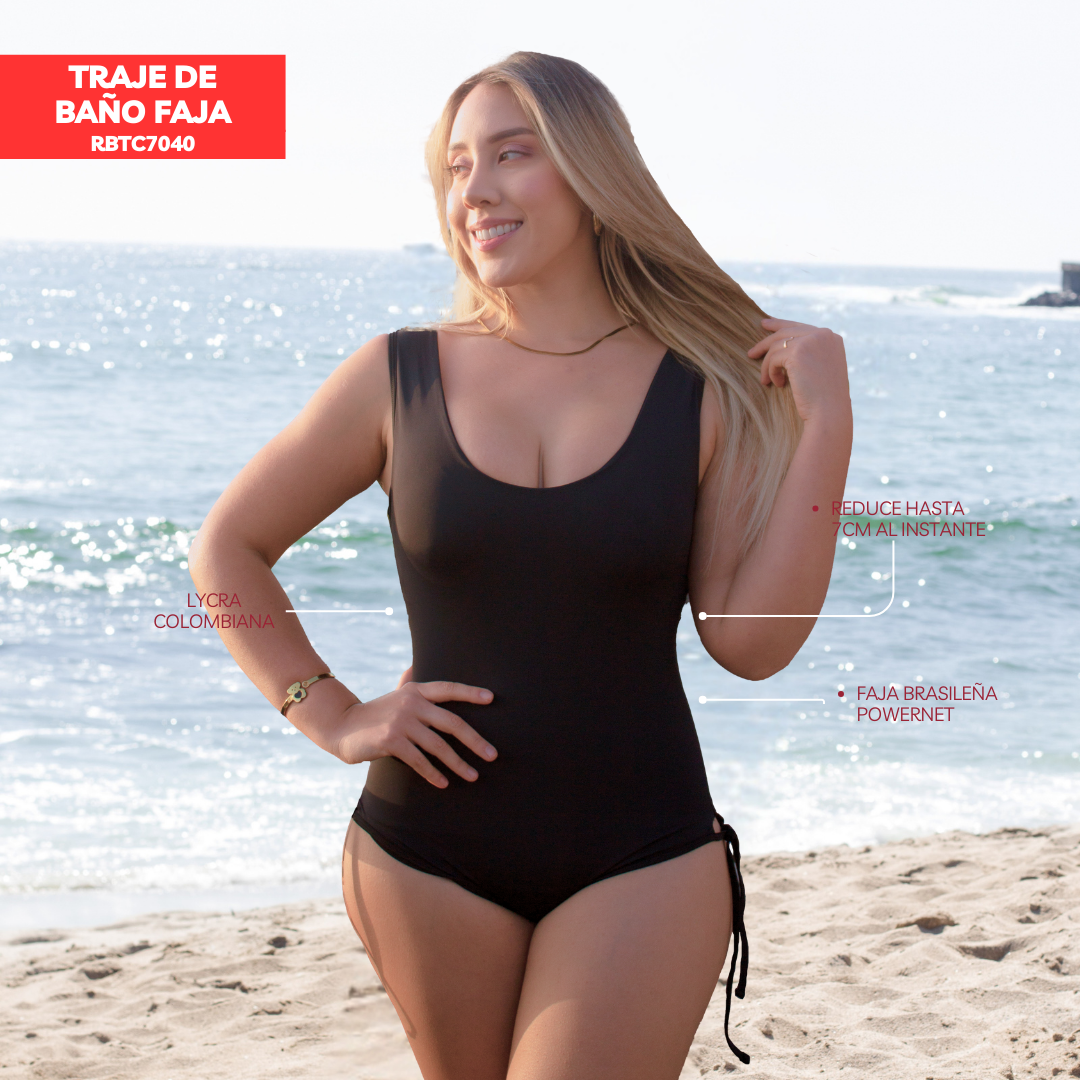 TRAJE DE BAÑO CON FAJA - COLECCION MODA RBTC7040 NEGRO (ENTREGA INMEDIATA)
