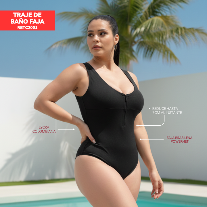 TRAJE DE BAÑO CON FAJA - COLECCION MODA RBTC2001 NEGRO (ENTREGA INMEDIATA)