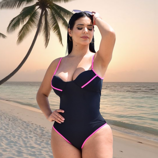 TRAJE DE BAÑO CON FAJA RBTC9025 NEGRO (TIRA FUCSIA) (ENTREGA INMEDIATA)